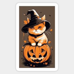 Cute Cat Wearing A Wizard Hat On A Pumpkin Sticker